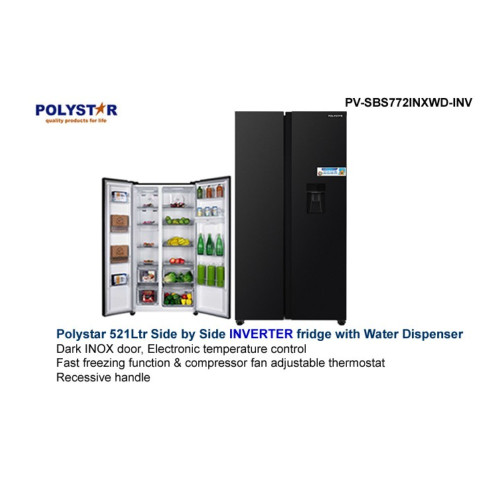 Polystar 521L Side by Side Inverter Refrigerator (PV-SBS772INXWD-INV) Polystar 521L Side by Side Inverter Refrigerator (PV-SBS772INXWD-INV)